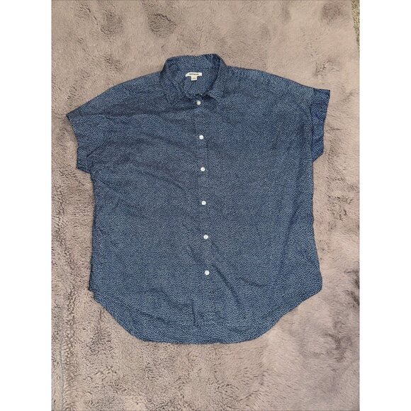 GoodThreads Ladies LARGE Blue white print Shirt Button-Up Short Sleeve - Picture 1 of 6